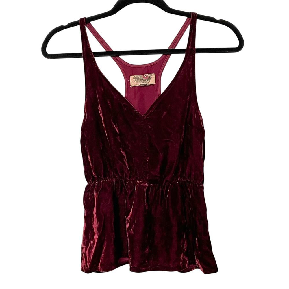 Ecote Burgundy Red Crushed Velvet PeplumTank XS